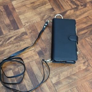 Black Crossbody Phone Wallet with Gold Hardware
